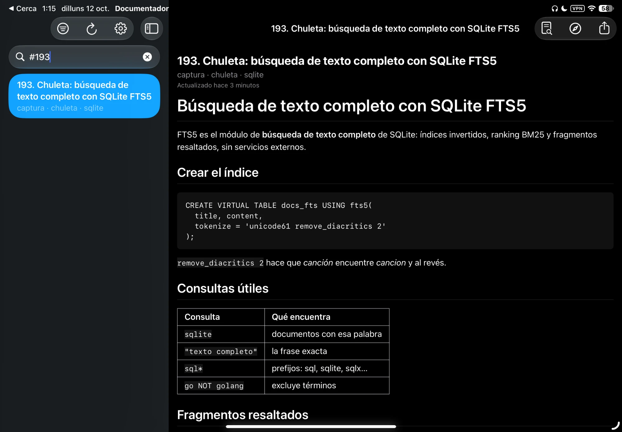 DocuReader en un iPad en horizontal: a la izquierda la búsqueda con el documento encontrado; a la derecha, una chuleta de SQLite FTS5 con un bloque de código SQL y una tabla de consultas